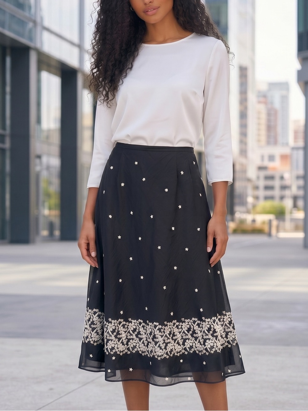 Ann Taylor Black A-Line Skirt with White Floral Embroidery